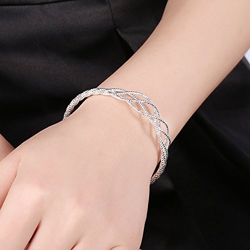 Sterling Silver Adjustable Wire Bracelet Fashion Bangle Cuff Bracelet with Specail Follower Mesh Pattern Designed For Women Adults