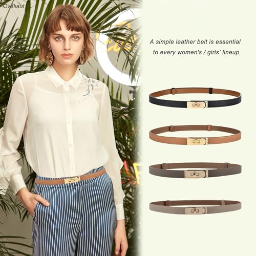 Ovekaut Women Skinny Leather Belt Solid Color Alloy Turn Lock Adjustable Waistband for Dresses Jeans Coats - color: Black