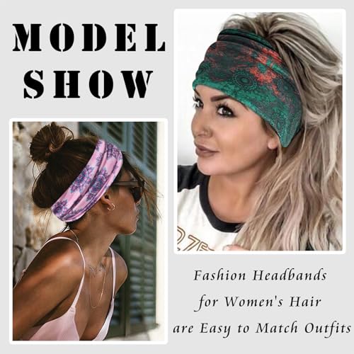 FULZTEY Boho Headbands for Women Fashion Wide Head Bands Floral Print Headwrap Large African Knot Turban Elastic Non Slip Workout Yoga Sweat Hairband Soft Cotton Bandanas for Hair Accessories 4Pcs - color: Style 116
