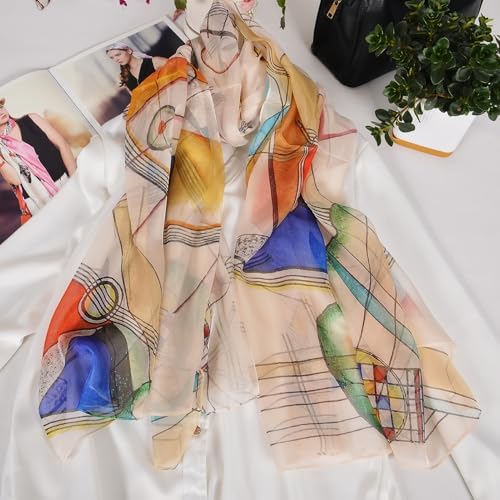 100% Mulberry Silk Women's Neck Silk Scarf-Lightweight Shawl,FLoral Print Beach Silk Wrap-Scarves for Photography - color: Beige
