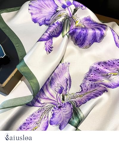 Saiusloa Neck Scarf For Womens Silky Head Scarves Hair Bandanas Square Scarf Fashion Accessories lightweight - color: 38-purple Irises With Green Edges