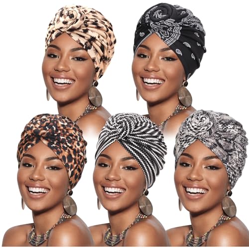 DRESHOW 5 Pack Knotted Headwraps for Women African Turban Pre-Knotted Beanie Headwraps Hair Covers - color: 5 Pack Knotted: Floral Prints