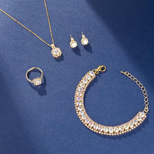 Paxuan 4pcs Cubic Zirconia Wedding Jewelry Sets for Bride Bridesmaid Cubic Zirconia Pendant Necklace Earrings Link Tennis Bracelet Open Ring Set for Women - color: Gold Plated Iridescent AB Cubic Zirconia