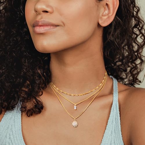 ORAZIO Gold Necklaces for Women,Layered Gold Necklace,14K Gold Plated Pendant Necklaces,Simple Choker Necklaces Set, Dainty Gold Chain Necklaces,Trendy Gold Stacked Jewelry Gifts for Women - color: 3Pcs/Wave & Box & CZ