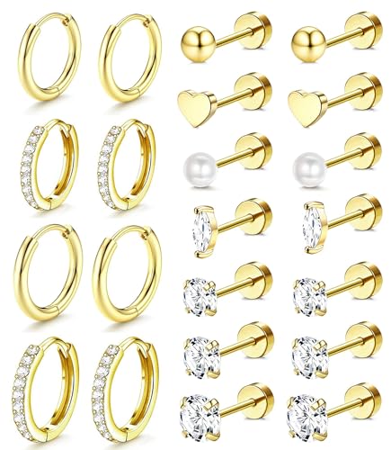 Incaton Hypoallergenic Flat Back Earrings for Women Silver 14K Gold Plated Surgical Stainless Steel Stud Earrings Cubic Zirconia Cartilage Studs Earrings For Multiple Piercing Sensitive Ears - color: F-Gold