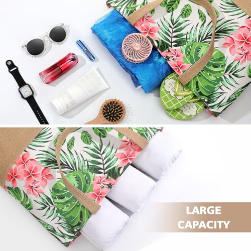 Trifabricy Beach Bag for Women, Large Beach Tote Bags with Zipper, Woven Straw Tote Waterproof, Swim Gym Shopping Travel Bag - color: Pink Floral