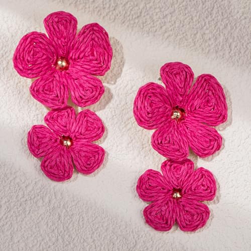 Boho Flower Earrings Statement Raffia Dangle Earrings Cute Floral Jewelry Trendy Summer Beach Vacation Outfits for Women - color: Rose
