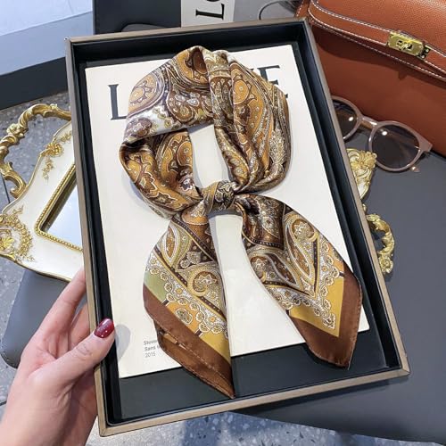 Sumolux Head Hair Scarf for Women Like Satin Silk Scarf Bandana Hair Wrapping Night Large Square Scarves 27.5" - color: Caramel Cashew Nuts