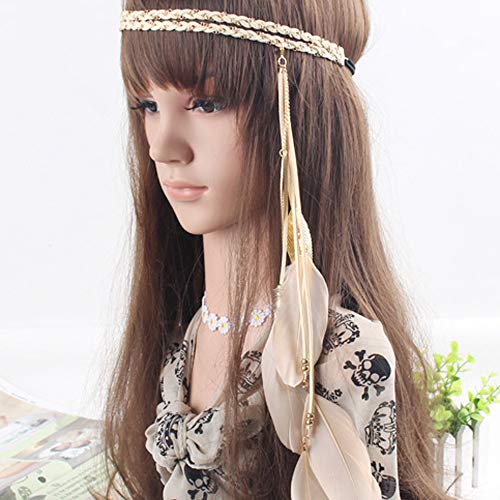 WLBON Halloween Boho Feather Headband Hippie Indian Leaf Hair Hoops Bands Tassel Bohemian Headpiece Hairband Women Xmas Wedding Festival Masquerade Cosplay Dress Up Birthday Party Accessories Beige - color: Beige Tone