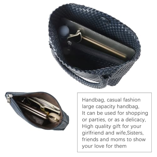 Hand Woven Bag Tote BagS For Women Top Handle Shoulder Vegan Leather Large Travel Beach Hobo Handbag - color: Navy Blue