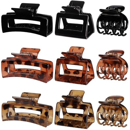 CHANDAT Medium Claw Hair Clips Set for Women - 3 Styles, 9PCS Rectangle Hair Clips for Thick Hair, Square Clips for Thin Hair - Leopard - color: Leopard