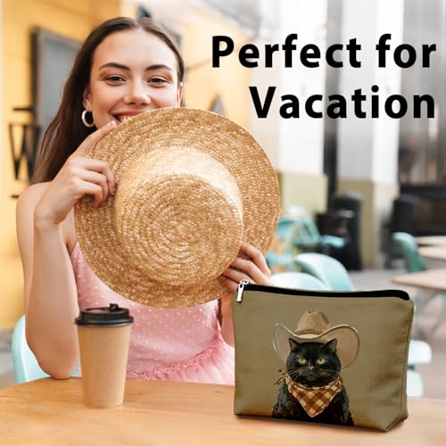 Funny Black Cat Makeup Bag, Cat Mom Lady Lovers Gifts for Women Cosmetic Bag, Pet Lover Gifts, Funny Western Cowboy Black Kitten Small Toiletry Bags Zipper Makeup Pouch - color: 02-Cat(10)