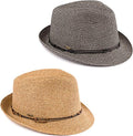 Funky Junque Straw Fedora Hats for Women - UPF 50+ Sun Hat, Short Brim Packable Beach Hat with Woven Pattern - color: 2 Pack - Black & Natural Multi W/Beaded Ropes