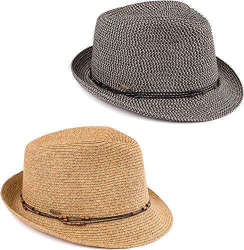 Funky Junque Straw Fedora Hats for Women - UPF 50+ Sun Hat, Short Brim Packable Beach Hat with Woven Pattern - color: 2 Pack - Black & Natural Multi W/Beaded Ropes