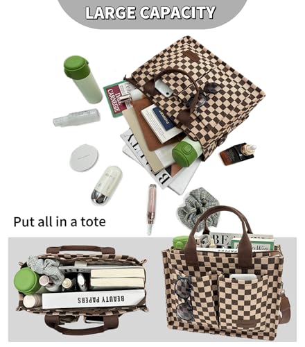 Large Canvas Tote Bag for Women Work Tote Bags with Pockets Laptop Crossbody Purses Everyday Bag Handbags for Travel - color: New Upgrade Plus Brown Checkerboard