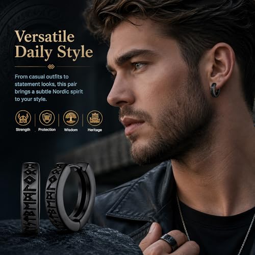 Viking Rune Hoop Earrings for Men, Black Stainless Steel Norse Amulet, Engraved Huggie Earrings, Mythological Warrior Jewelry
