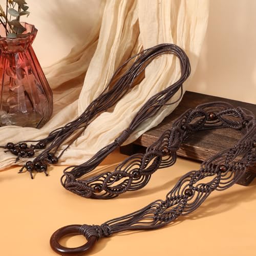 Women's Bohe Rope Braid Waist Belt Bohemian Woven Belt for Women Wooden Beaded Braided Belt Renaissance Rope Wide Belts