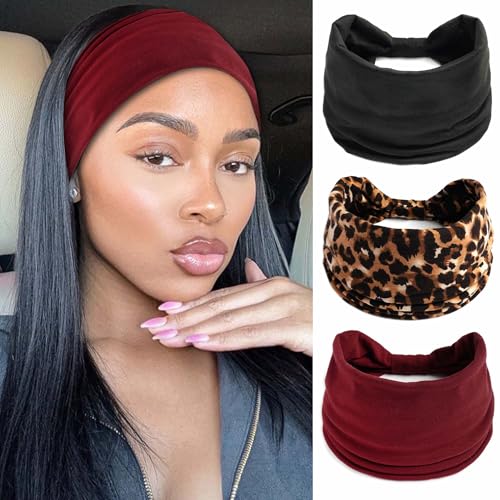 Wide Headband Boho Head Bands For Women's Hair Band Burgundy Black Head Wraps Leopard Turban Knotted Headband Non Slip Sweatband Soft Hair Scarf Headbands 3 Pcs - color: Style 146