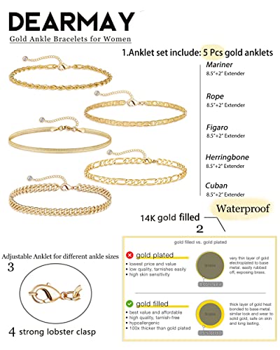 DEARMAY 14K Gold Plated Ankle Bracelets for Women Waterproof - Dainty 6Pcs Anklets Layered Cuban Link Chain Herringbone Cute Anklets Set Pack Summer Beach Jewelry Gift for Women Teen - color: Gold Anklet F