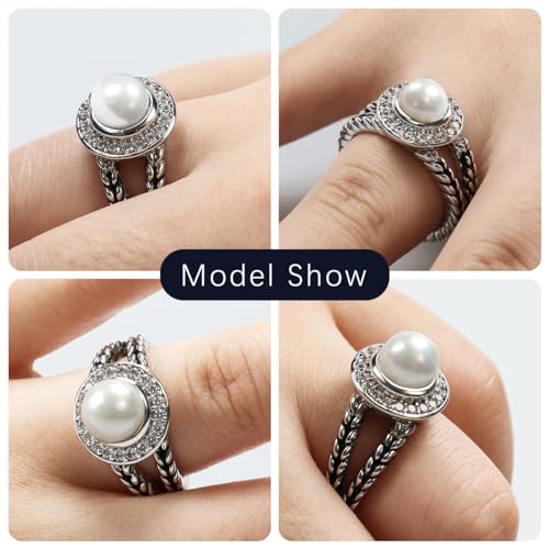 Designer Inspired Twisted Cable Statement Rings for Women Fashion Jewelry 8 MM CZ Split Shank Cable Ring Gift - color: White Pearl