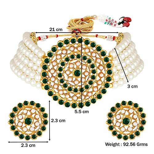 Aheli Pearl Diamond Choker Necklace & Round Earrings Gift for Women Indian Traditional Bollywood Fashion Bharatanatyam jewellery set - color: White & Green