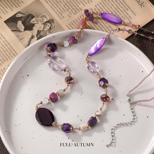 FULU AUTUMN Long Necklaces for Women Trendy Long Chunky Beaded Necklace Boho Fashion Costume Jewelry Mothers Day Gifts for Her - color: Purple