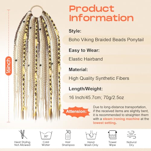SEIKEA Boho Braided Ponytail Extension on Hair Tie, 16" Full Volume Lightweight Viking Dreadlock Ponytail Braid in Dreadlock Extensions with Beads and Shells, Festival Hair Accessories for Women Girls - color: Sun-Kissed Sandy Blonde
