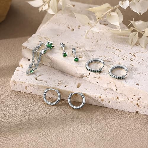 7Pcs Earring Stacks Cartilage Helix Flat Back Hoop Set For Women Stud Small Huggie Chain Multiple Piercing 14K Gold Plated Jewelry Triple Cubic Zirconia - color: Silver (Emerald), size: Butterfly