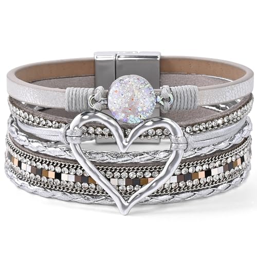 VIBILIA Boho Leather Wrap Bracelets for Women Multi-Layer Bracelets with Strong Clasp Jewelry for Women - color: 01-Heart-Silver