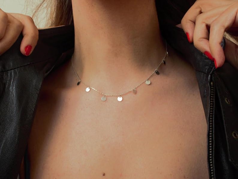 Gold Choker Necklaces 14K Gold Plated/Silver Disc Choker Necklaces Dangling Star Heart Pendant Necklaces Summer Beach Boho Necklaces Aesthetic Necklace Gift for Women - color: Wafer-Silver