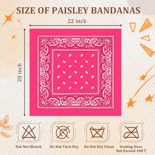 50 Pcs Bandanas Bulk Large Bandana Headband Paisley Cowboy Bandana Scarf Handkerchief for Women Men - color: Hot Pink