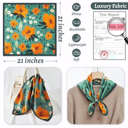 100% Mulberry Silk Neck Scarf 21''x21'' Small Square Hair Scarf for Women Men Lightweight Bandana Envelope Package - color: Floral- Green