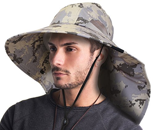Tirrinia Wide Brim Sun Hat with Neck Flap for Men & Women, Breathable Hiking Fishing Safari Hat, Outdoor UV Protection Cap - color: Digital Gray