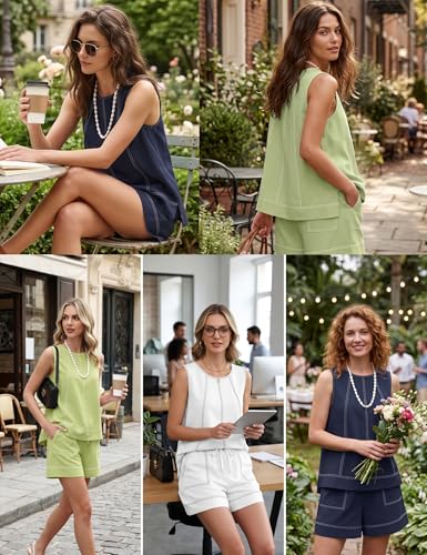 LOMON Womens Two Piece Short Sets Summer Round Neck Sleeveless Tank Tops Drawstring Elastic Waist Shorts with Pockets - color: Green, size: X-Large
