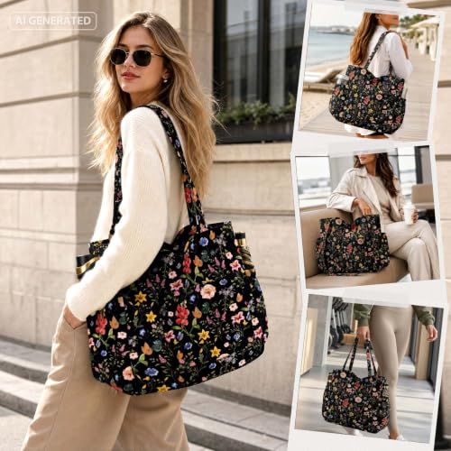 Corduroy Tote Bag for Women,Large Capacity Cute Tote Bags With 6 Pockets,Crossbody Shoulder Handbag for Work Travel Gym - color: Black Retro Flowers