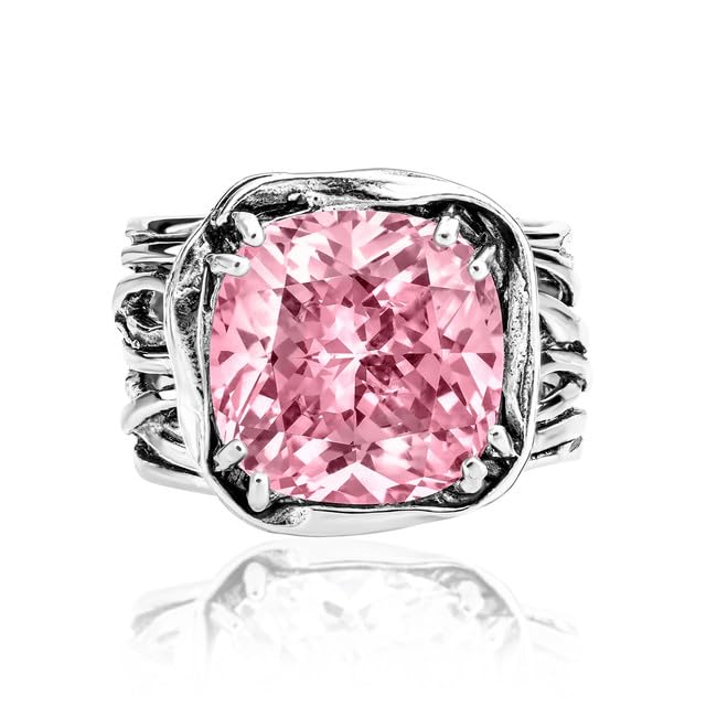 JEAN RACHEL JEWELRY 925 Sterling Silver Ring - Wrap Vintage Design with Cushion Shaped Cubic Zirconia - Hypoallergenic, Lead & Nickel Free - Artisan Handcrafted Statement Rings for Women - color: Pink CZ