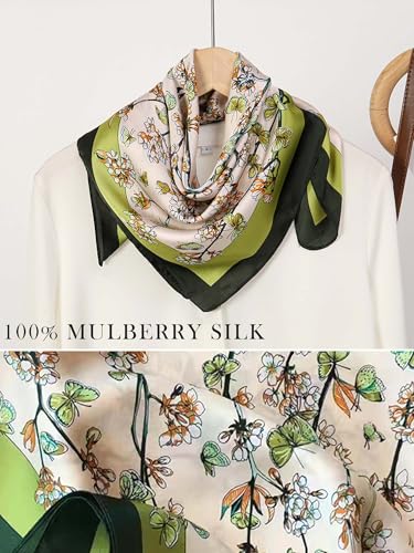 100% Mulberry Silk Scarf for Women Hair Lightweight Square Neckerchief Wrap For Head Scarves 21" - color: 13-green Floret /21"*21"