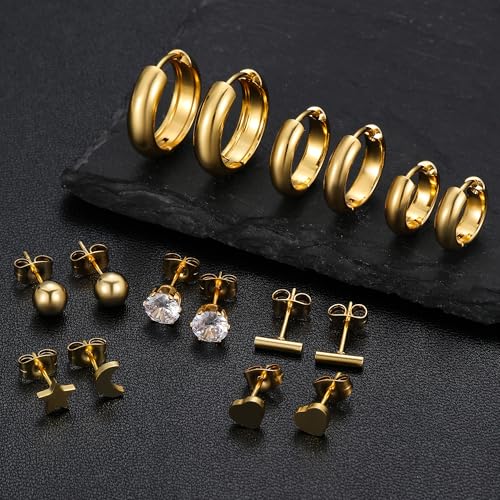 Silver Gold Plated Surgical Steel Flat Back Earrings for Women Hypoallergenic 14K Gold Plated Stud Huggie Earring Set Fashion Shell Cubic Zirconia Flatback Studs Cartilage Earrings Pack for Multiple Piercing 5/8Pairs - color: 8 Pairs Gold Plated Huggie/Ho