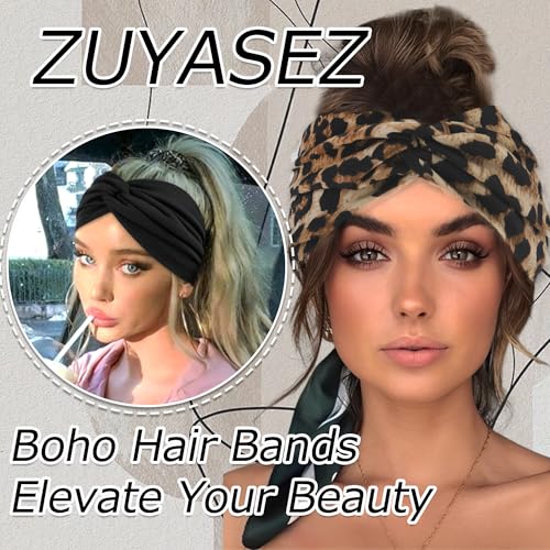 4 Pack Wide Leopard Print Headbands for Women Boho Twist Turban Headband Elastic Non Slip Workout Yoga Cross Hairband African Stretchy Hair Wrap Accessories - color: Leopard Print