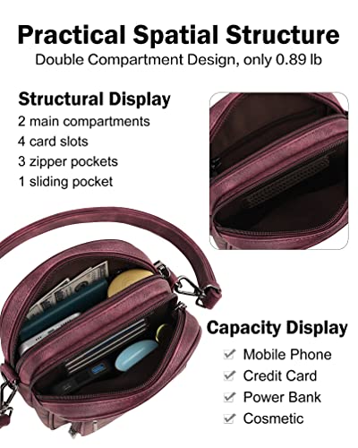 FADEON Small Purses for Women Crossbody Bags, Designer PU Leather Mini Cross Body Purse Travel Shoulder Bag Card Slots - color: Wine Red Retro Style