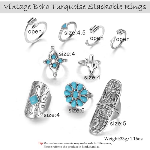 Bohemian Joint Knuckle Rings Set for Women,Vintage Boho Turquoise Stackable Rings Chunky Retro Turquoise Midi Finger Ring Statement Western Jewelry - style: Style A