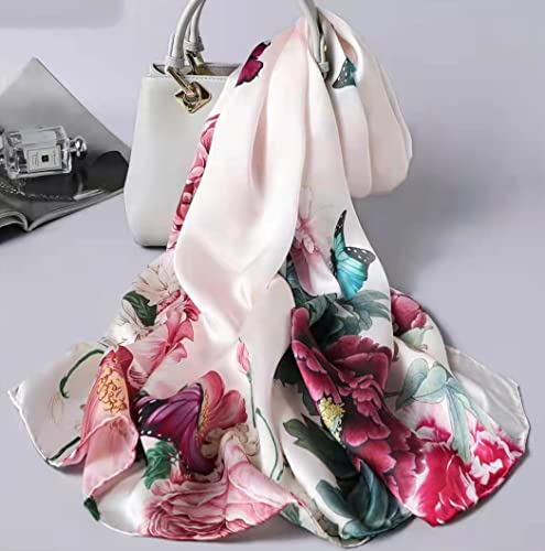 ANDANTINO 100% Silk Long Scarf-Women Large Oblong Shawls with Gift Packed - color: Pale Pink Flowers