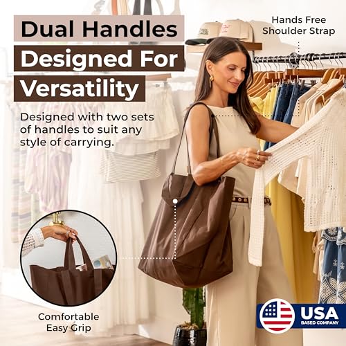 VeraMia Canvas Grocery Bag 3pc XL Set with Real Pockets, Long Shoulder Strap and Short Handle. Heavy Duty, Foldable, Washable - color: Dark Chocolate