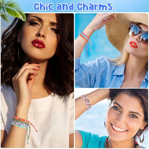 Hicarer 24 Pieces Boho Surfer Bracelet Anklet Friendship Bracelet Adjustable Beaded Handmade Braided Summer String Colorful Beach Jewelry for Women Party Favors