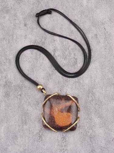 GelConnie Leather Necklace for Women Large Pendant Long Brown Necklace Circle Leather Choker Vintage Sweater Necklace Gold Chunky Boho Necklaces for Women - style: Brown Square Stone Necklace