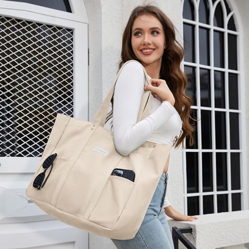 HOMESPON Large Canvas Tote Bag for Women Everything Bag with Pockets and Laptop Sleeve - color: Beige