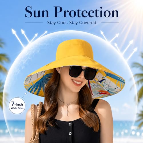 HUAMULAN Women Summer Sun Hat Wide Brim Wired Edge Floral Beach Bucket Hats Reversible Foldable Travel UV Protection Lady Hat - color: Bg8240-yellow