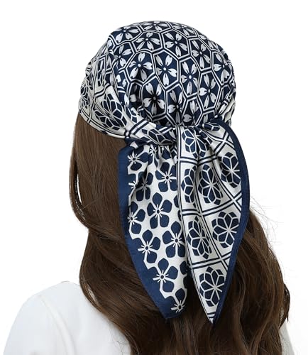 STARWHISPER 100% Pure Mulberry Silk Square Scarf-27''x27 Lightweight Hair Scarves Headscarf Night Sleeping with Gift Packed - color: Navy Bloom Mix