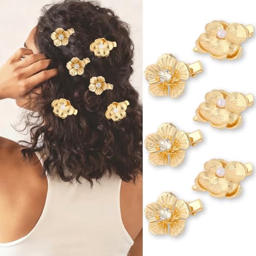 ANBALA 6Pcs Small Gold Hair Clips 2 Styles Elegant Flower Alligator Clips with Pearl and Rhinestone, Small Floral Gold Hair Accessories for Women Girls
