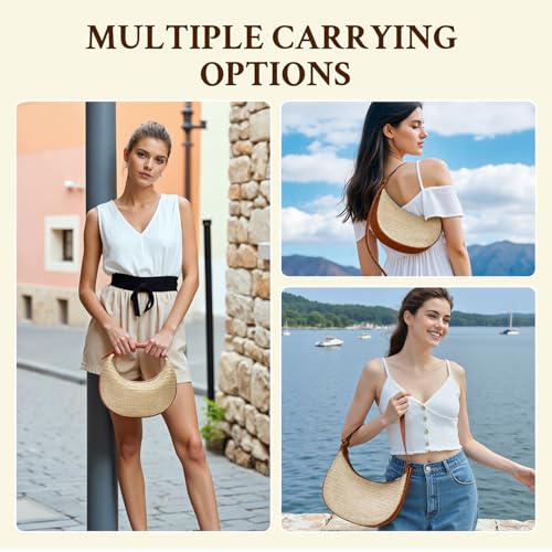 Herald Straw Crossbody Bag for Women Beach Woven Hobo Handbag Summer Chic Crescent Shoulder Purses with Adjustable Strap - color: Brown